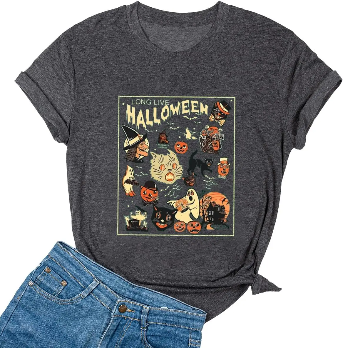 Yimoya Long live Halloween T Shirts Womens Vintage Fall Pumpkin Skeleton Graphic Tees