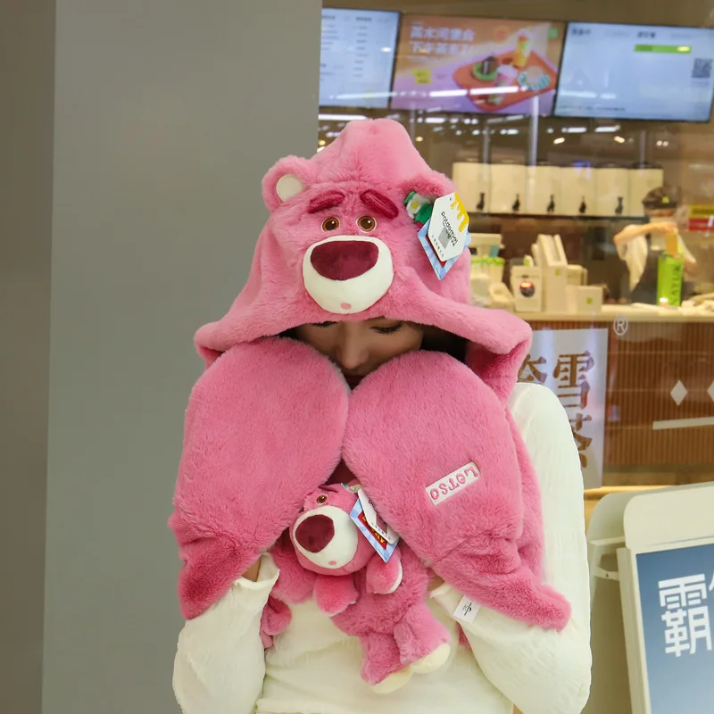 

Disney genuine Strawberry Pooh Winnie Bear Three-eyed Sullivan Autumn and Winter Scarf Earm Gloves Three-in-One Scarf