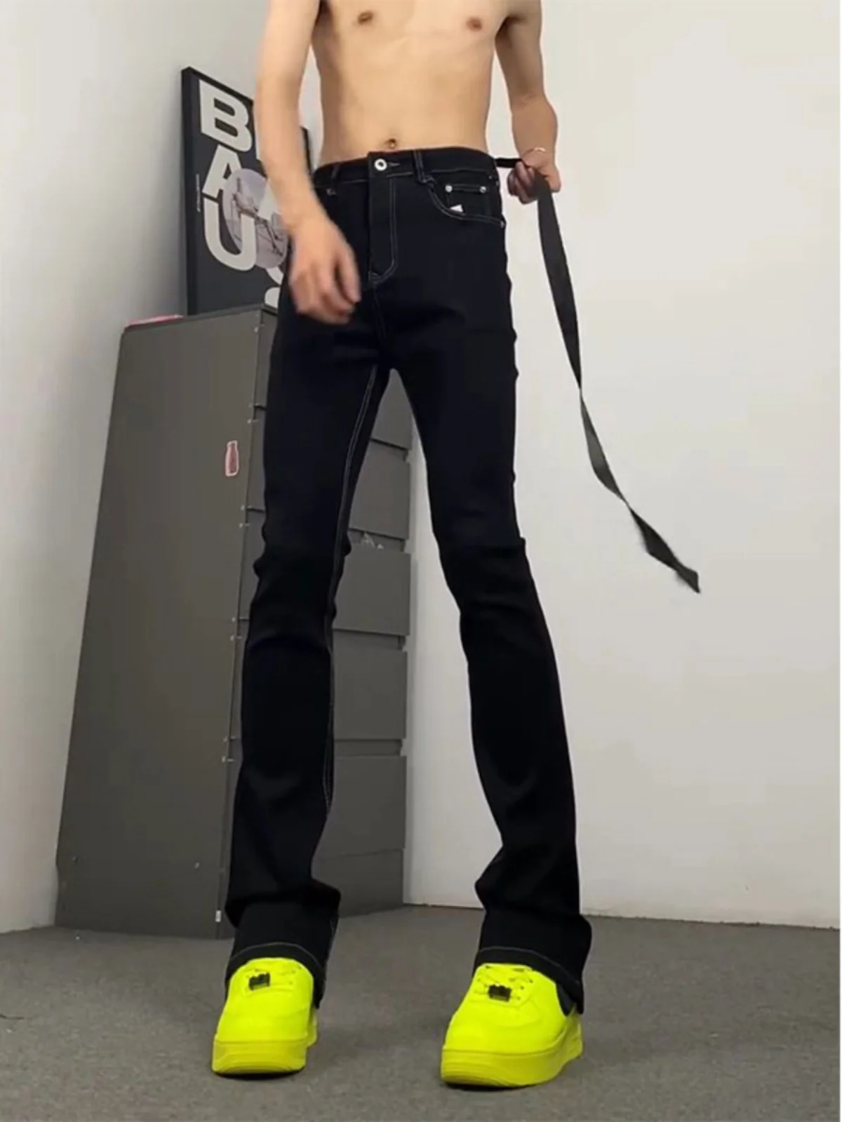 

Extended Length American High Street Vibe Men's Jeans High Waist Flared Pants with Sash for Taller Men Trendy And Stylish