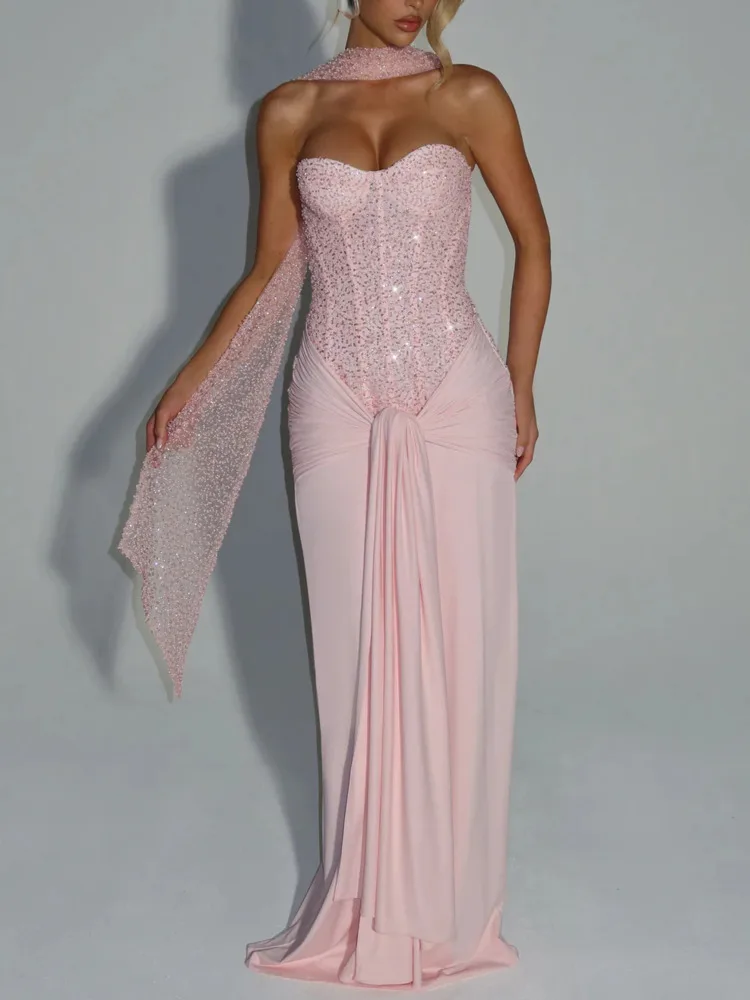 DFDG Dames 2025, lente zomer, luxe paillettenjurk, strapless, hoge taille, wikkelband, bodycon, effen kleur, formele maxi-jurk