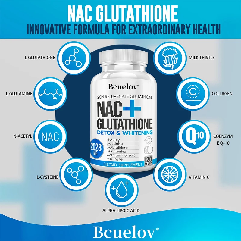 NAC + Glutathione Supplement, Supports Skin Health - Liver, Detox, Brightening, Antioxidant Supplement, Non-GMO, 120 Capsules