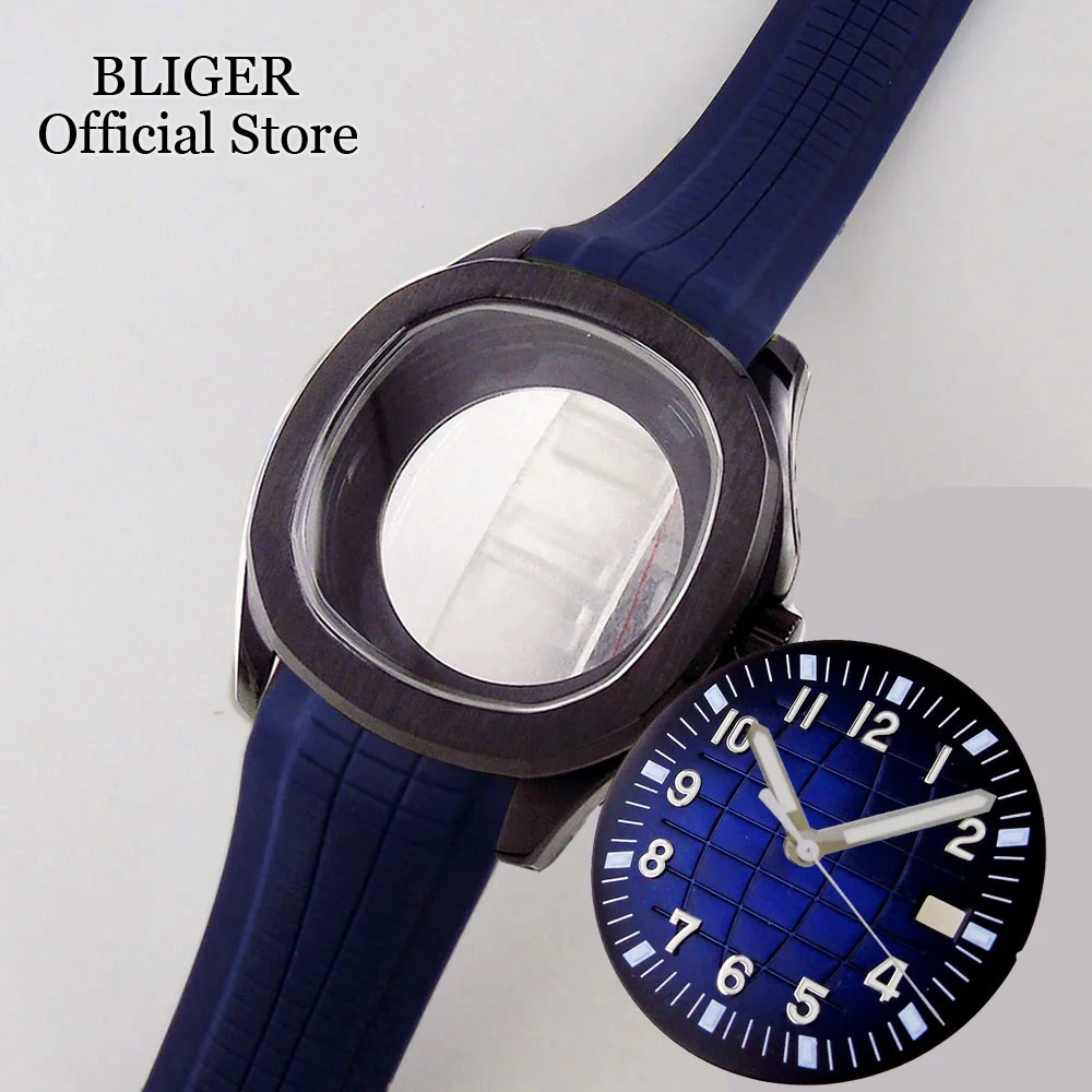 BLIGER PVD Black 40mm Square Watch Case Sapphire Glass fit NH35A NH36A Green Blue 33mm Dial Glass Back Rubber Strap