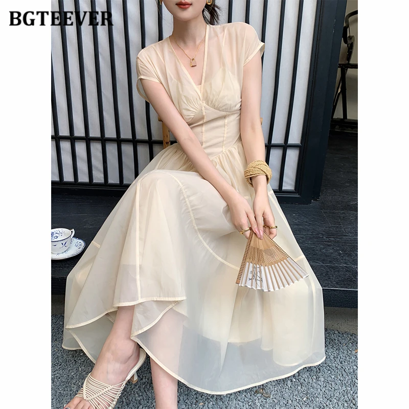 

BGTEEVER Summer Slim Waist V-neck Female Mid-Length Dress Elegant Short Sleeve Women A-line Dress Ladies Vestidos