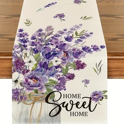 Purple Lavender Printed Linen Table Runner Holiday Home Party Decor Spring Floral Leaf Table Runners Kitchen Dining Table Decor