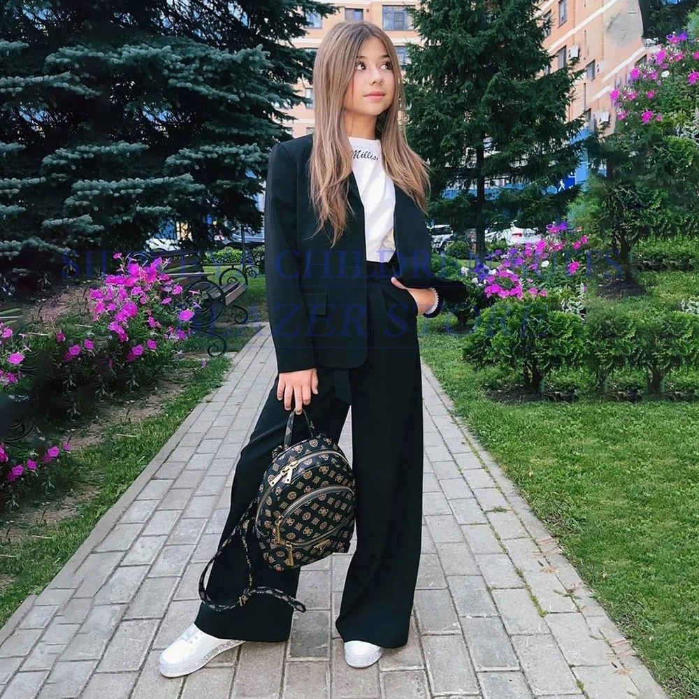 

Customzied Girls Suits Blazer Solid Color Single Breasted 2 Piece Jacket Pants Outfits High Quality Children School Clothing Set