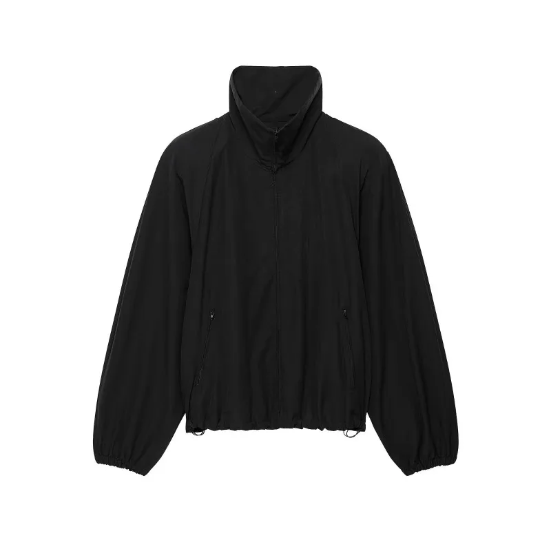Women Shoulder Pad Tech Fabric Jacket Stand Collar Zip Up Windbreaker Casual Streetwear Outerwear Autumn Winter Fashion