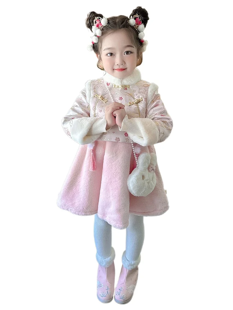 New Winter Collection For Girls' Year's Clothing, Children's Western Style Thickened Fake Two Piece Hanfu Dress, Chinese Pink