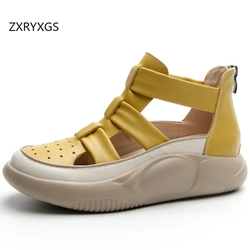 ZXRYXGS 2026 Sumer Top Cowhide Round Toe Summer Boots High Top Solid Color Back Zipper Roman Sandals Women Cool Boot Thick Sole