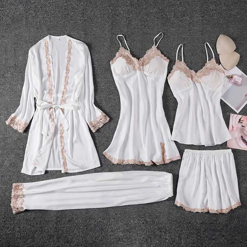 

Sexy Silk Lingerie Nightgown Set Women's Home Clothes Five-Piece Set Strap V-Ne Long Sve Floral Print Ultra-Thin Outerwear