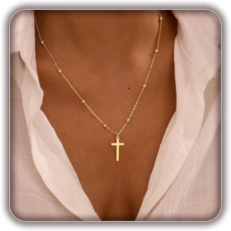 Zierliche 14K Vergoldete Kreuz-Anhänger Einfache Halsketten für Frauen, Christliche Glaubenskette Trendiger Goldschmuck Geschenke für Ostern