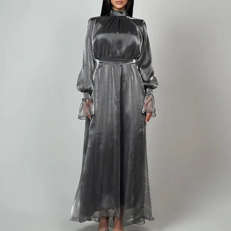 Autumn Half High Collar Silk Shiny Evening Dress Women Elegant Solid Lace-up Long Dress Spring Flare Long Sleeve Boho Maxi Dress