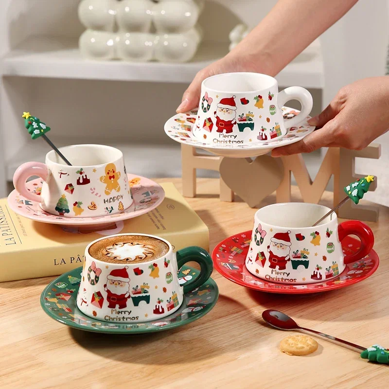 Christmas Ceramic Coffee Mug and Saucer Set Santa Claus Cup Saucer Ceramic Mug Souvenir Cute Cup For Christmas Festival Gifts