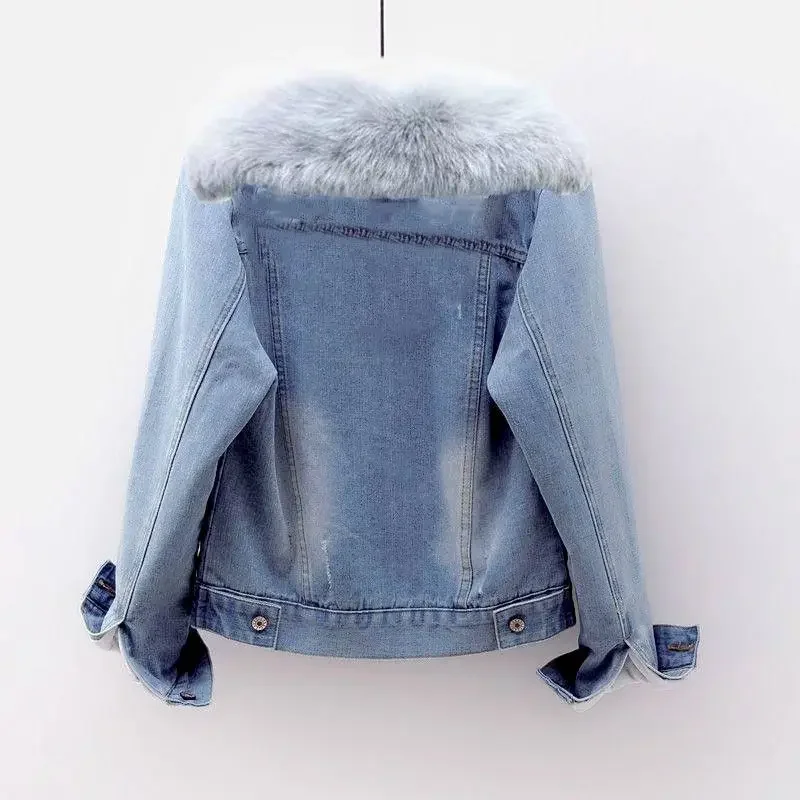 Autumn and Winter Jean Jackets Women's Plush Thickened New Warm Thick Wool Collar Fashion Versatile Outwear Female Denim Jacket