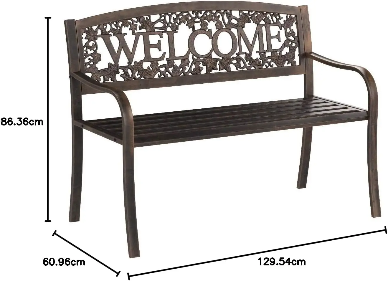 Metal Outdoor Bench Welcome Design Decorative Patio Seating Heavy Duty Steel Frame Park Yard Porch Deck Furniture Bench