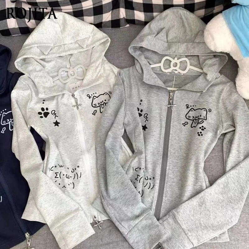 Japanese Casual Cartoon Print Cat's Ears Hoodies Zippers Preppy Style Sweatshirts Women 2025 Aesthetic Vintage Hoody Long Sleeve