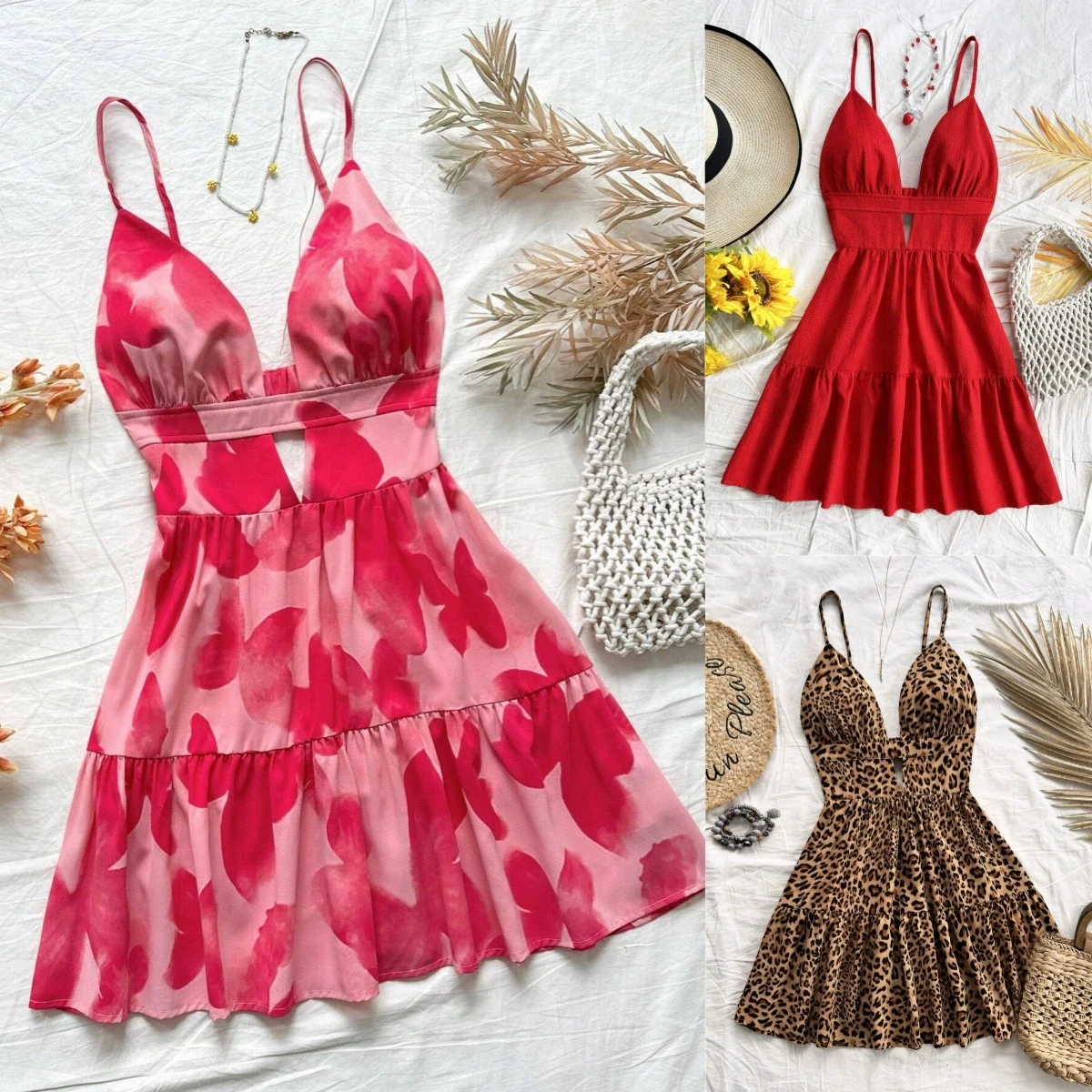 جديد الصيف الإناث فستان الشاطئ البسيطة يؤرخ المناسب سليم ليوبارد طباعة قطع التدريجي أكمام الحبيب الرقبة فساتين كامي قصيرة #1
