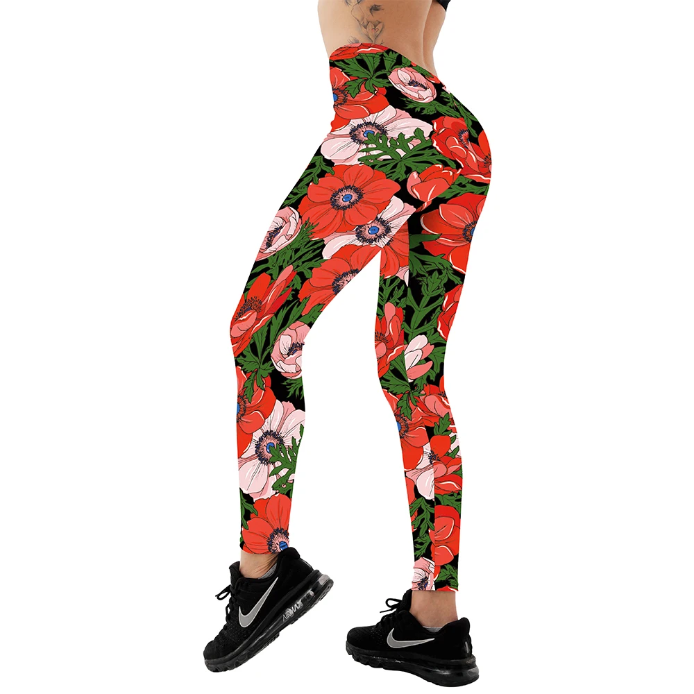 FCCEXIO Neue 3D Rote Tropische Blumen Druck Mädchen Leggings Hohe Taille Elastische Hosen Fitness Frauen Sport Leggings Weihnachten Geschenk