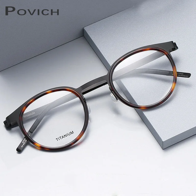 

POVICH Vintage Round Men Glasses Frame Ultralight Titaniun Acetate Mix Eyeglasses Prescription Optical Spectacles Myopia Eyewear