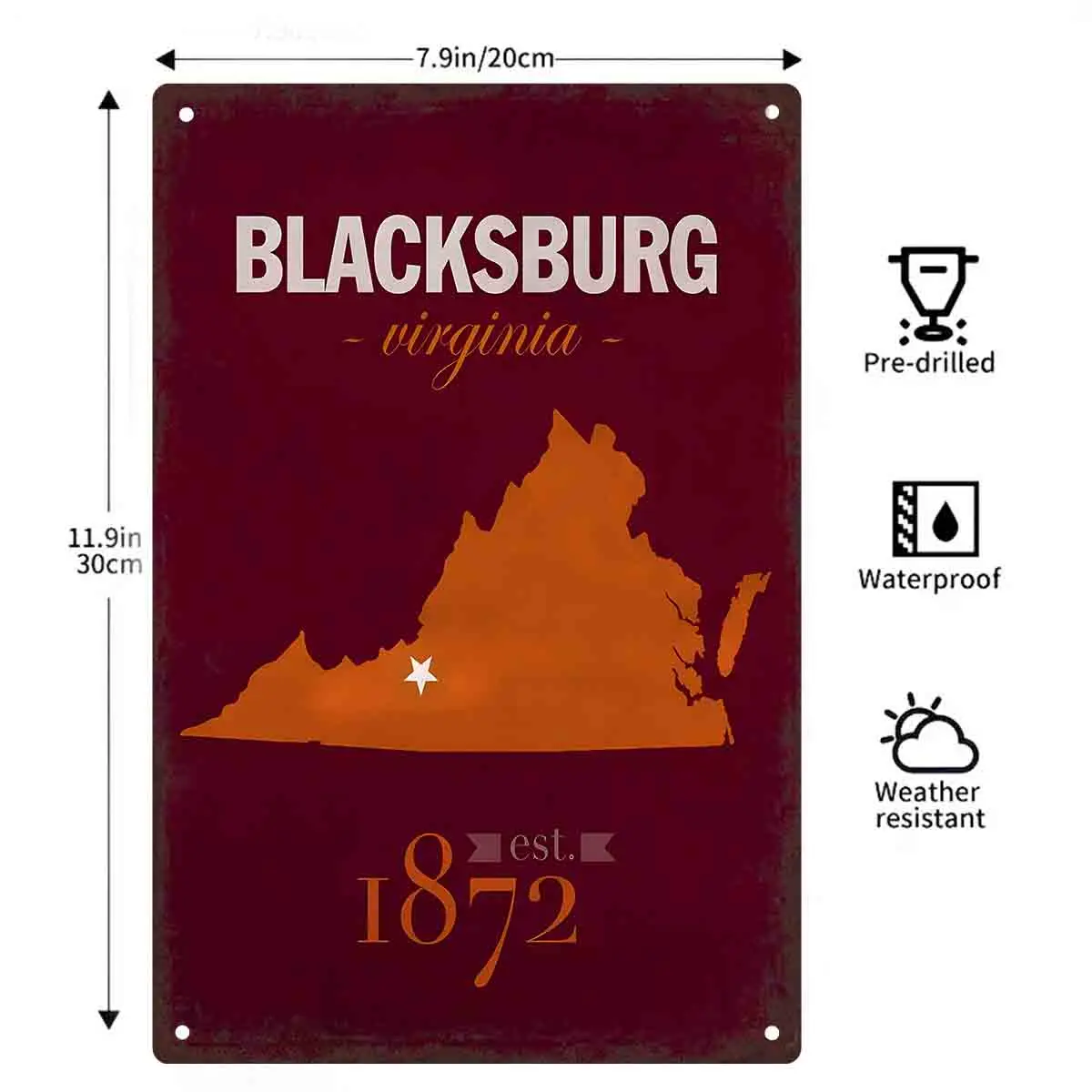 2D FLAT 1pc Blacksburg Virginia Map 1872 Vintage Metal Wall Sign Decoration for Home Cafe Garage Bedroom Porch And Garden