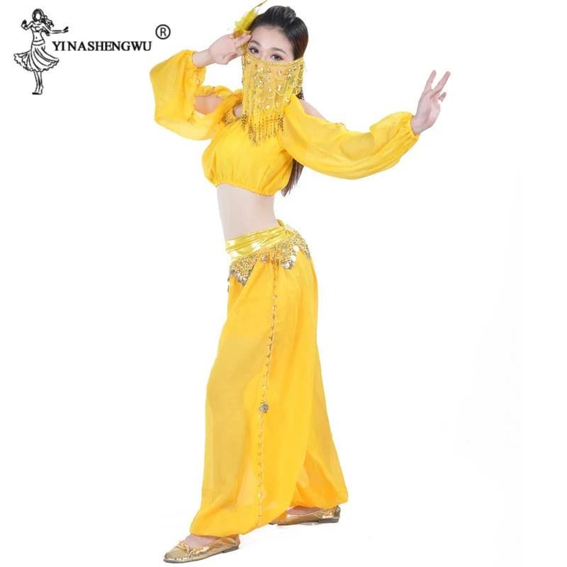 Women Sexy Bollywood Belly Dance Costume Set Indian Sari Bellydance Pants Suit Chiffon Veil Bellydance Performance Bloom Suit