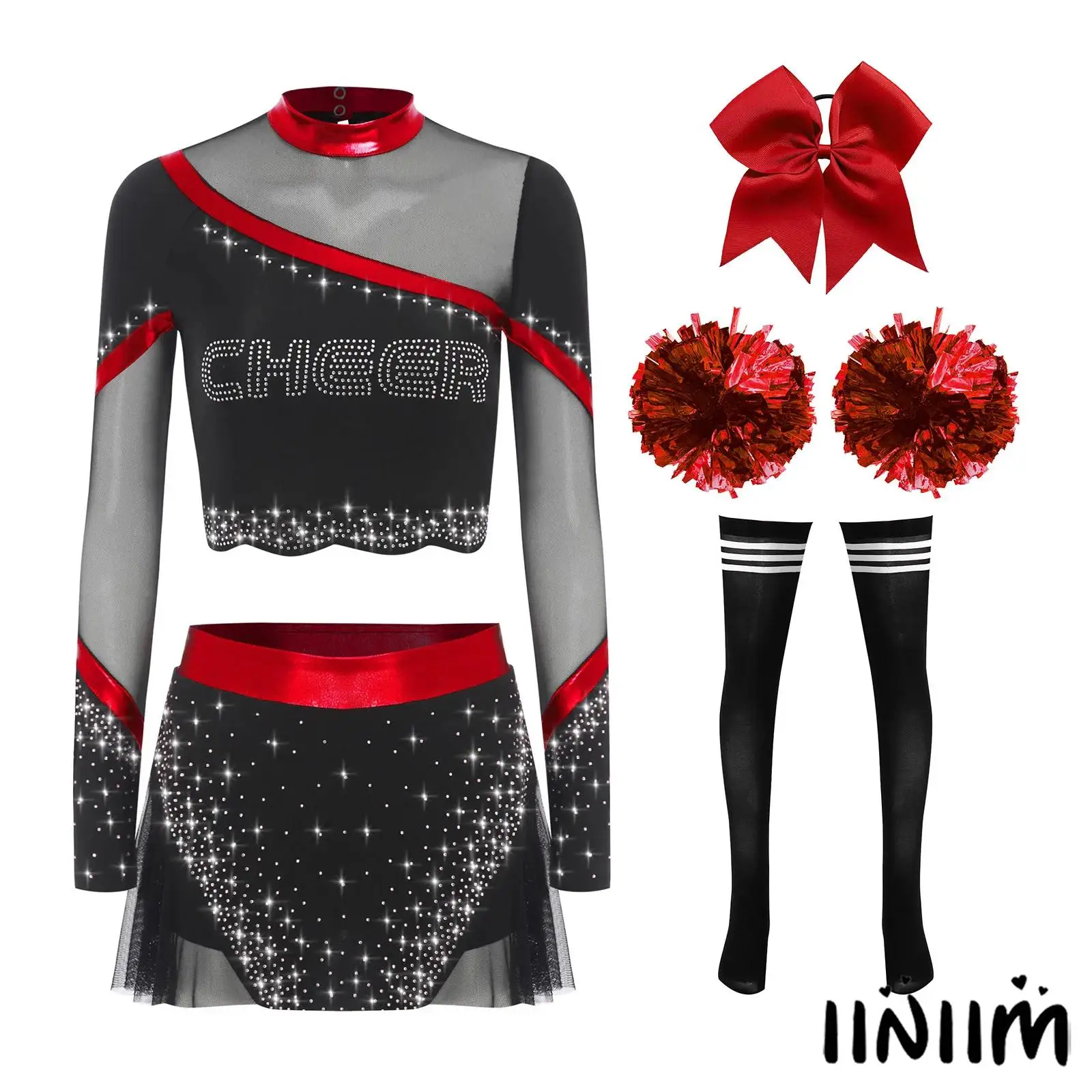

Женская форма черлидинга, укороченный топ со стразами и длинными рукавами + юбка, полосатые носки + цветочный шар + повязка для волос с бантом, одежда для школьниц