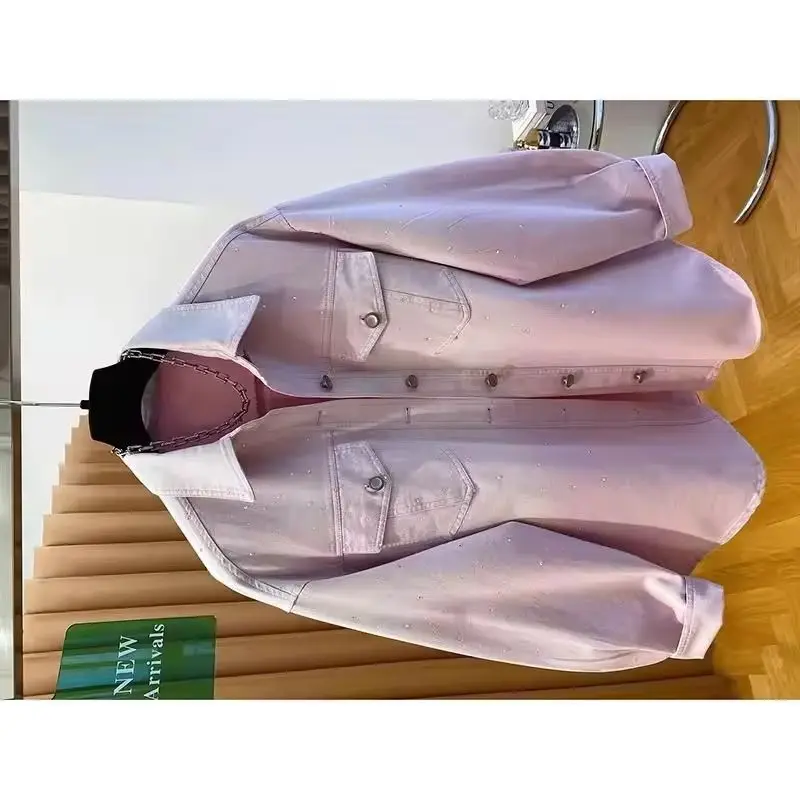 

Women Hot drilling Denim Shirt Spring Autumn Leisure Loose Unique Ladies Cowboy Blouse Jacket Elegant Temperament Lady Outerwear