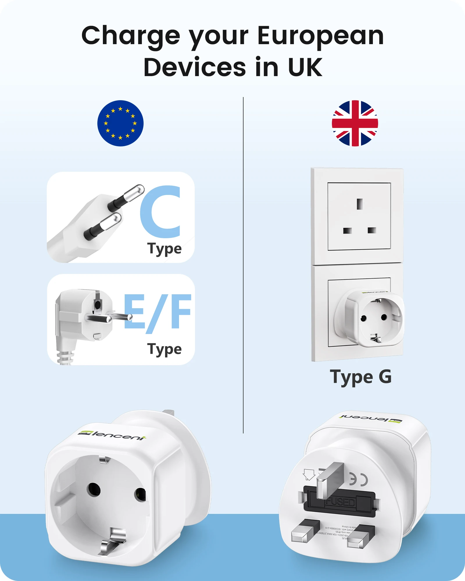 LENCENT 2 Pack Europe to UKPlug Travel Adapter Overload Protection Wall Charger Travel Plug Converter Travel Adapter