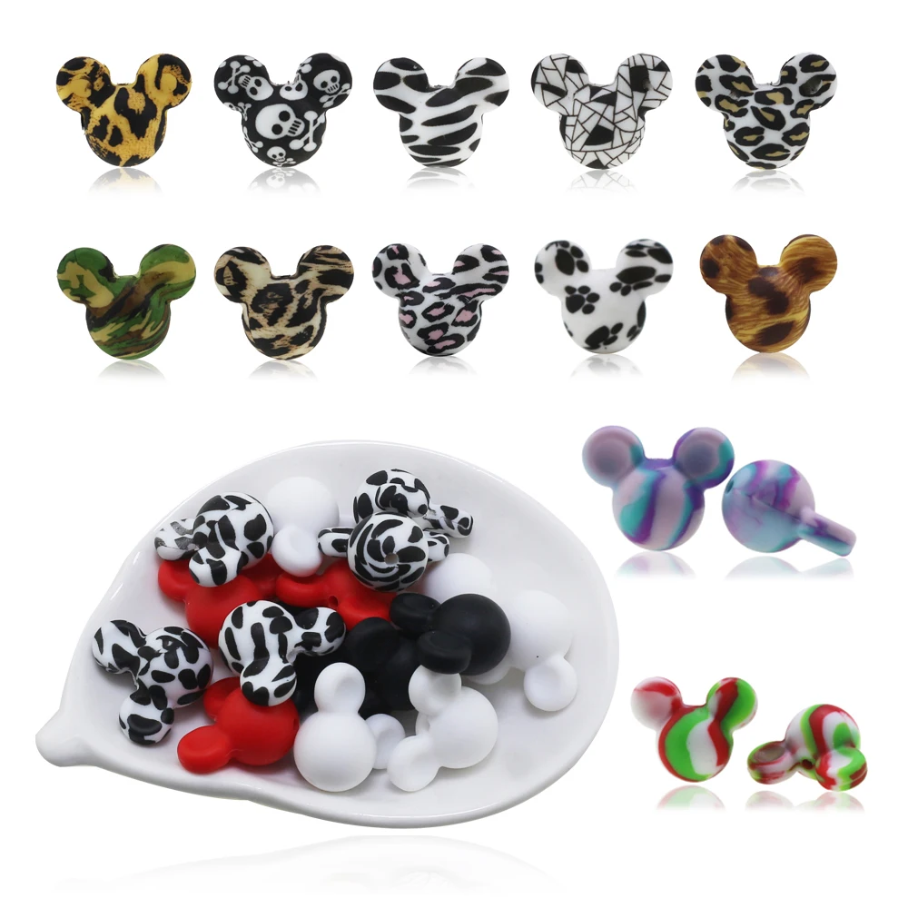 50pcs Mickey Silicone Beads Leopard Print Tie-dye Mini Mouse Pearl DIY Baby Pacifier Chain Food Grade Baby Teething Teether Bead