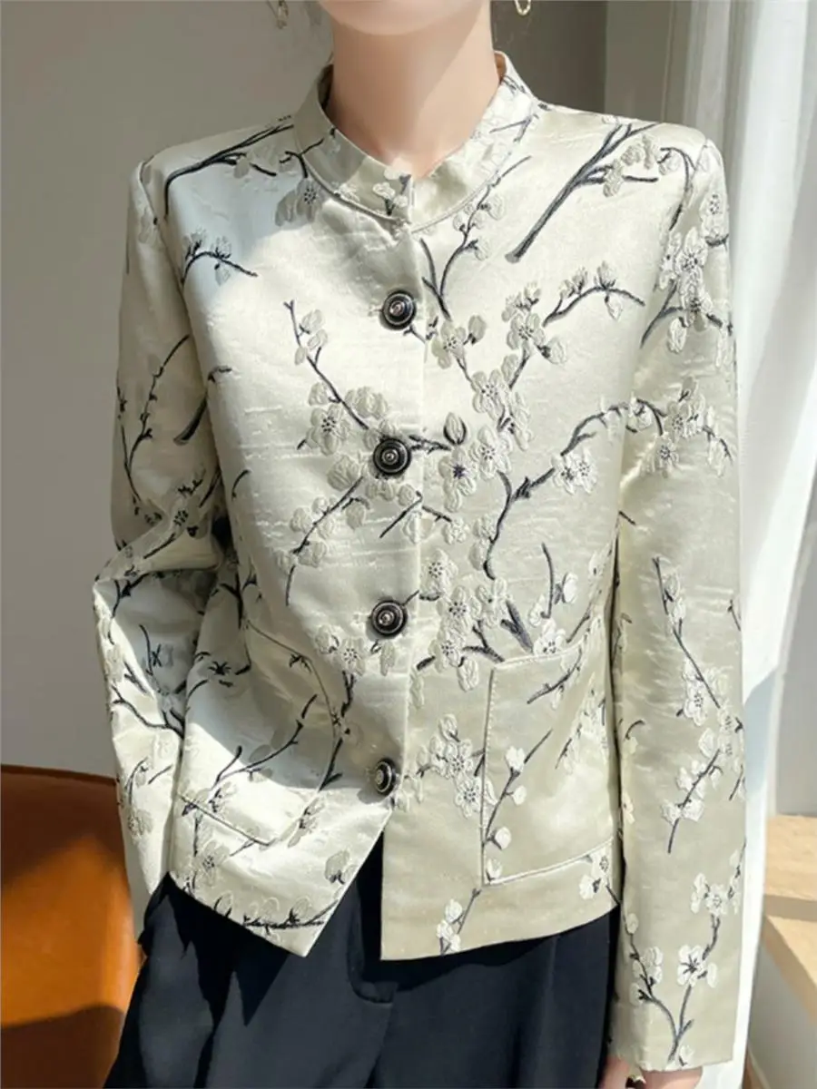 

Ele Chinese Sle Satin Floral Embroidery Jaet Women's Stand Collar Luxury Feel Suit Top for Autumn Winter