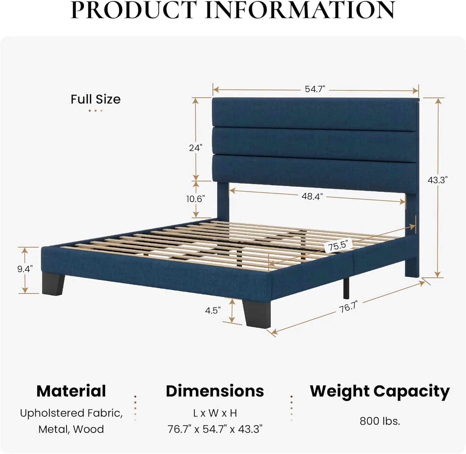 Sha Cerlin Full Platform Bed Frame With Upholstered Fabric Headboard, Mattress Foundation With Strong Wooden Slats Support, No