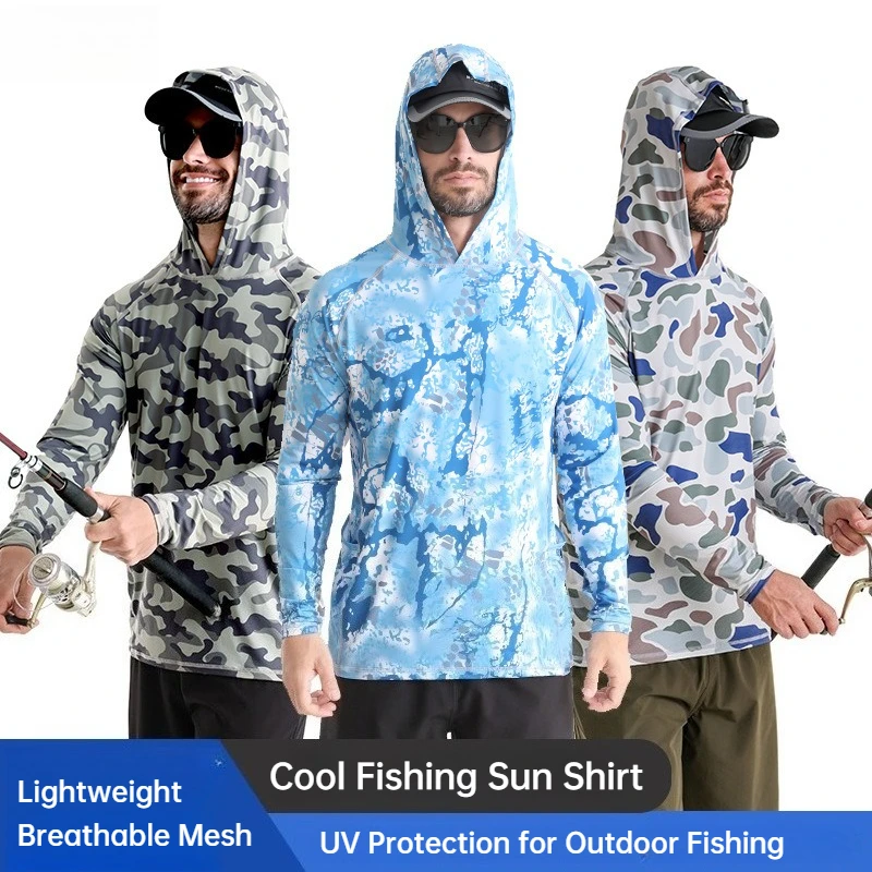 Men Camo Long Sleeve Hooded Fishing Shirt UPF50+ UV Protection Ice‑Cool Quick Dry Lightweight Outdoor Sport Fishing Top