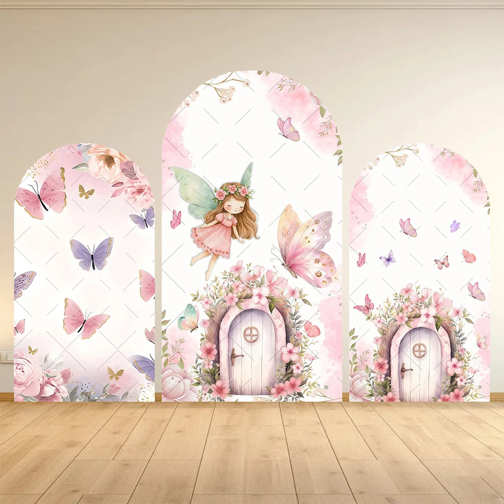Fairy Woodhouse - Cubierta para Fondo de Arco, Decoración Floral Rosa con Mariposas para Cumpleaños de Niñas, Baby Shower, Fondo Arqueado para Fotografía y Fiestas