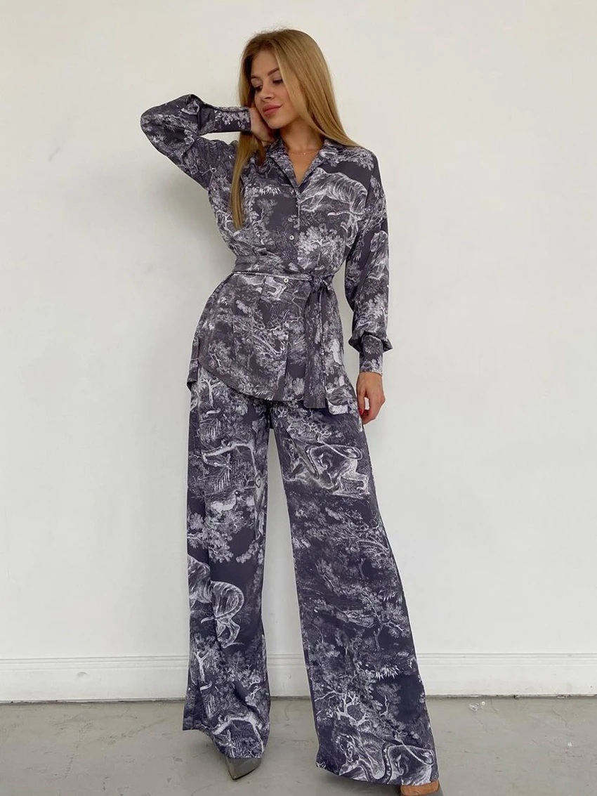 

Marthaqiqi Printing Women Pajama Set Turn-Down Collar Nightwear Long Sleeve Nightgowns Pants Casual Female Nightie 2 Piece Suits