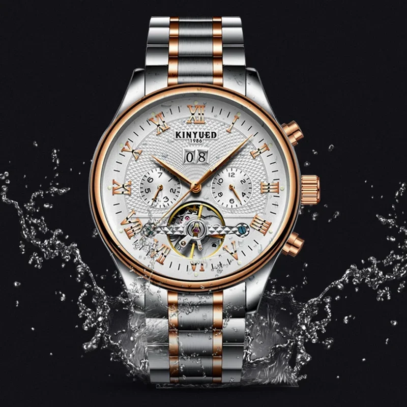 KINYUED Men\'s Watch Skeleton Automatic Mechanical Male Wrist Watch Calendar Week Display Waterproof Classic reloj hombre Clock