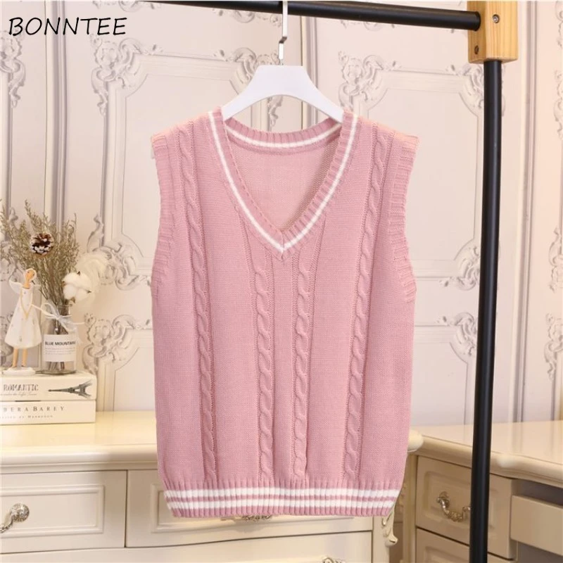 

Striped Jacquard Sweater Vests Women Vintage Preppy Style All-match Streetwear Sweet Loose Knitting New 2023 Autumn Female Chic