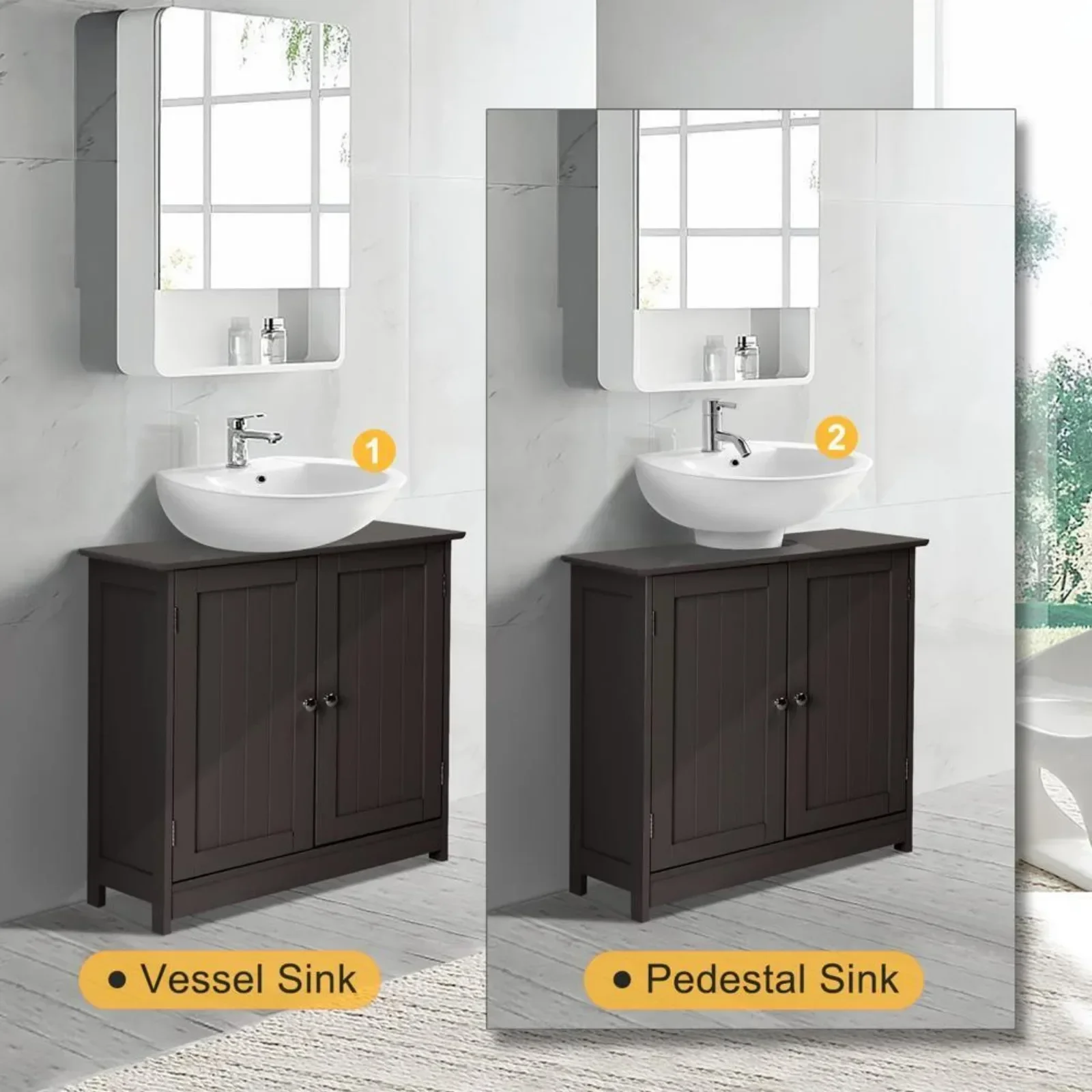 US Pedestal Sink Storage Cabinet Espresso Bathroom Vanity Organizer with 2 Doors