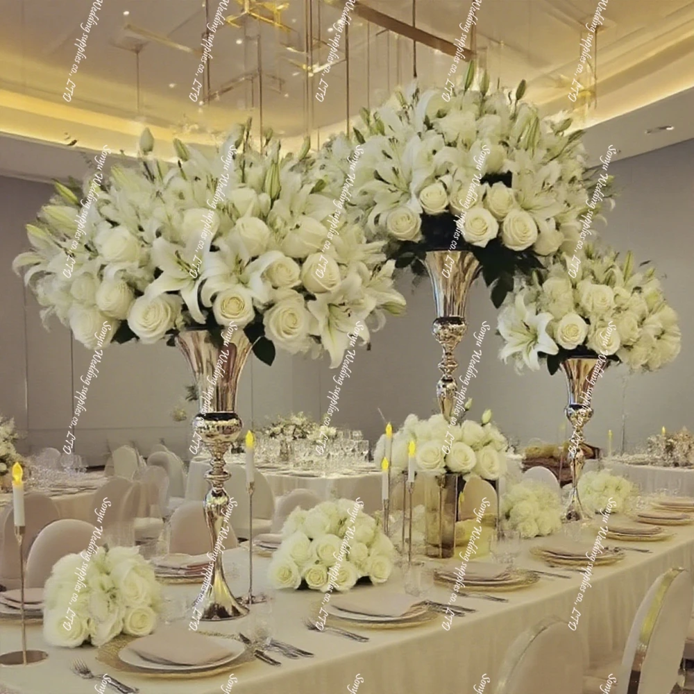 

12pcs)60cm to 120cm Tall Trumpet Gold Metal Flower Vase , Floral Centerpiece Stand Road Lead for Tabletop Event Party Birthday