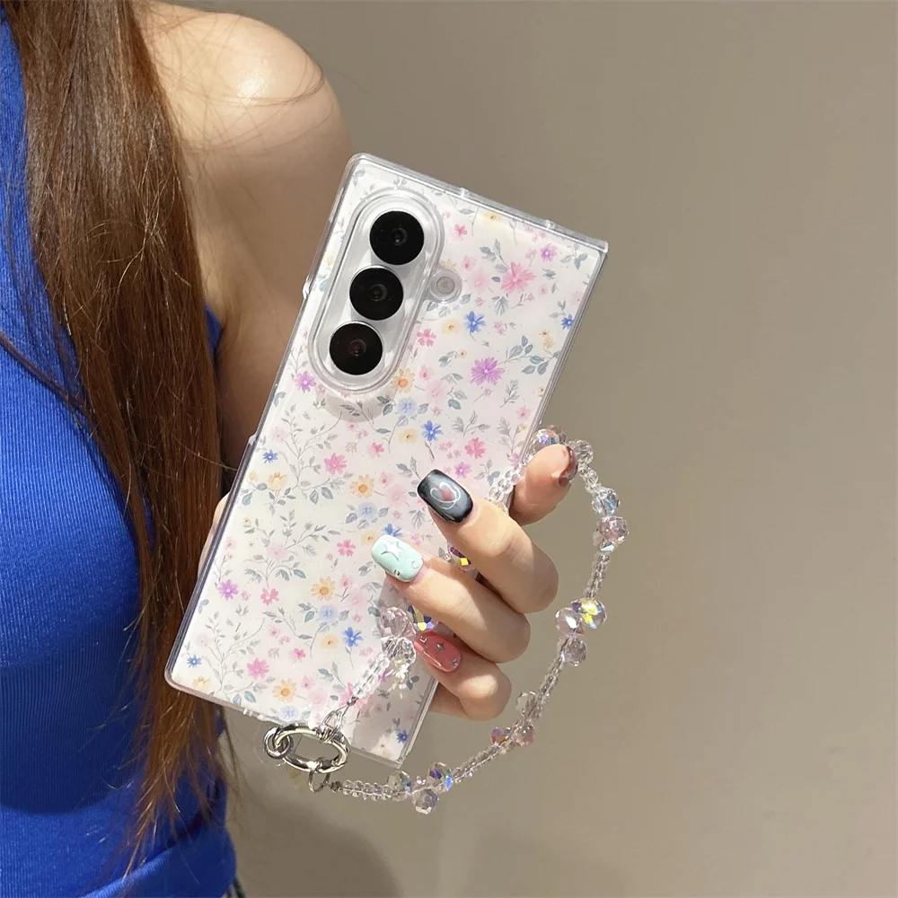 Spring Fresh Pastoral Vibrant Floral Print Phone Case for Samsung Galaxy Z Fold 7 Crystal Bead Wrist Strap Cover for Z Flip 7-3
