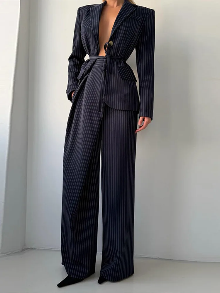 Fashion Women Pants Suit Striped Back Hollow Out Lace Up Female Blazer Hip Package Wide Leg Trousers 2026 Autumn Lady Sets New