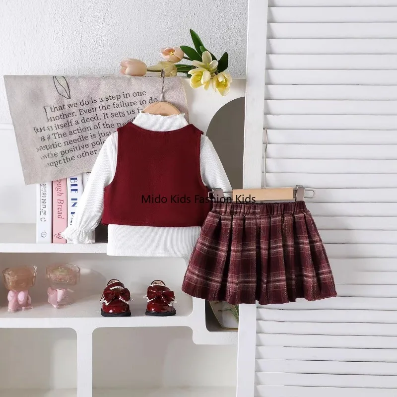 Girls' New Winter Academic Style Bow Waistcoat Cardigan & Tartan Skirt Two-Piece Children's Set Waistcoat + skirt