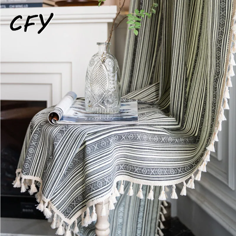 American Cotton Linen Green Stripe Curtain Thick with Tassels Curtains for Living Room Valance for The Luxury Living Room