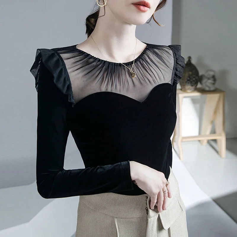 NEW Autumn AND Winter Round Neck Ruffle Edge Fashion Mesh Splice Fashion Velvet Micro Transparent Versatile Little Shirt A431