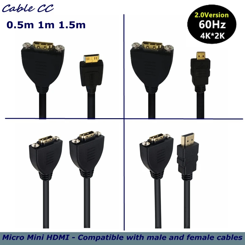 4K Micro Mini HDMI - Compatible With 2.0 male female M/F F/F HD Extension Cable with Screw Holes for Fixing Panel Cables