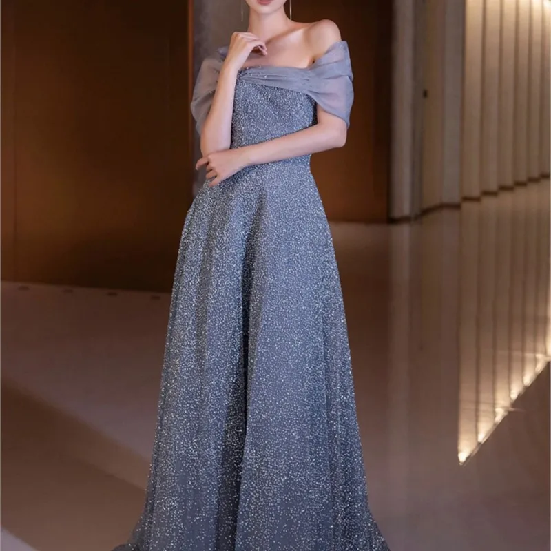 

Haze blue toast new line shoulder small luxury design sense banquet train dress