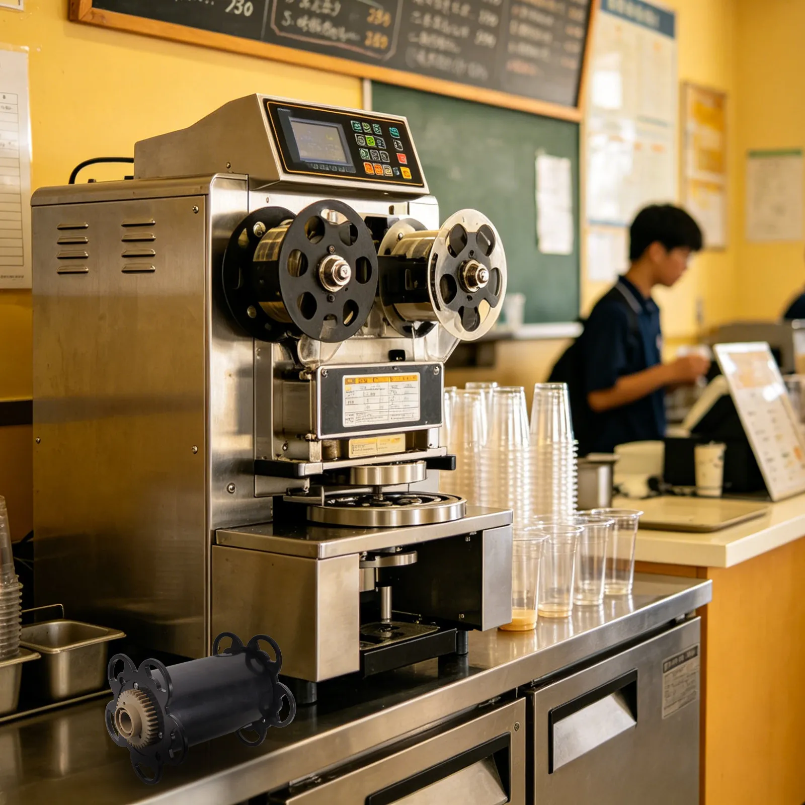 

Milk Tea Cup Sealer Film Roller Automatic Commercial Replacement Part Cup Sealing Machine Film Take-Up Reel Gear Drive
