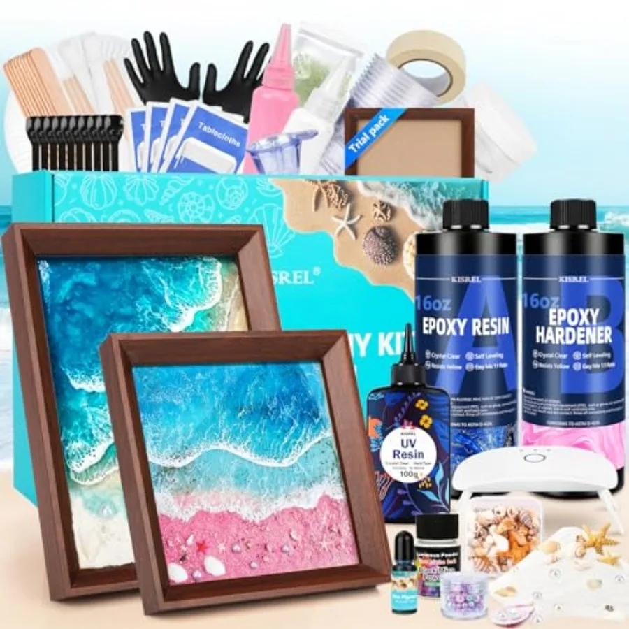 

KISREL Ocean Resin Art Kit Clear Epoxy Resin Kit with Frames Beginner DIY Ocean Painting Full Set of Tools + Tutorials Great Gi