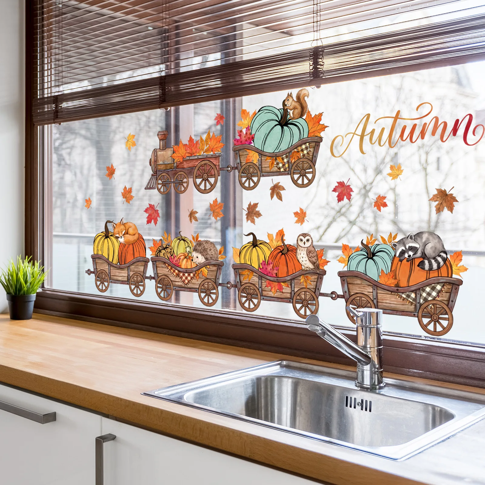 for static Cling Autumn Harvest Train Design for Smooth Glass Surfaces Including Sliding Doors and Retail Window Displays