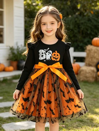 Halloween-Kleid für Mädchen mit langen Ärmeln, Geister- und Kürbis-Print mit Schleife, Fledermaus-Tüllrock, Kinder-Partykostüm – Detail 2