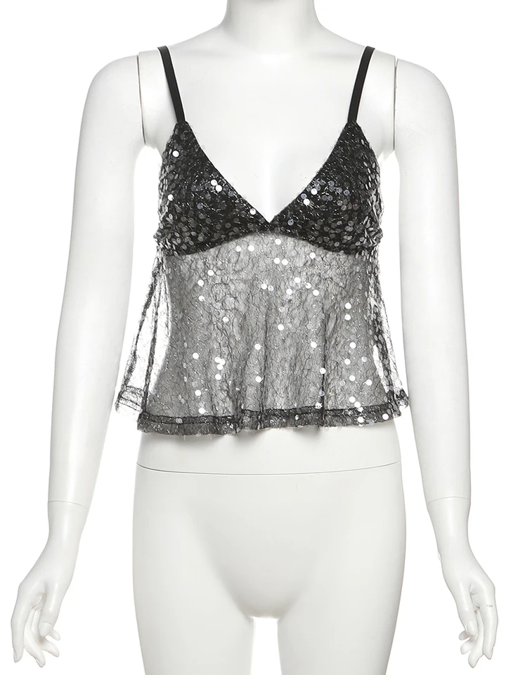 Nibber Sequins Patchwork Mesh Camisole Women v-Neck Sexy Backless