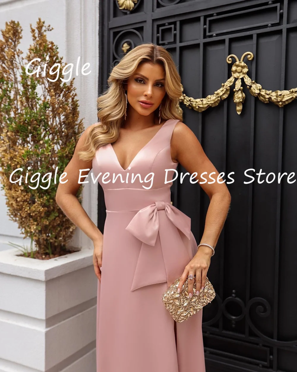 Giggle Satin a-line con scollo a v Ruffle formale elegante abito da ballo lunghezza del pavimento abiti da sera di lusso graziosi per le donne 2023